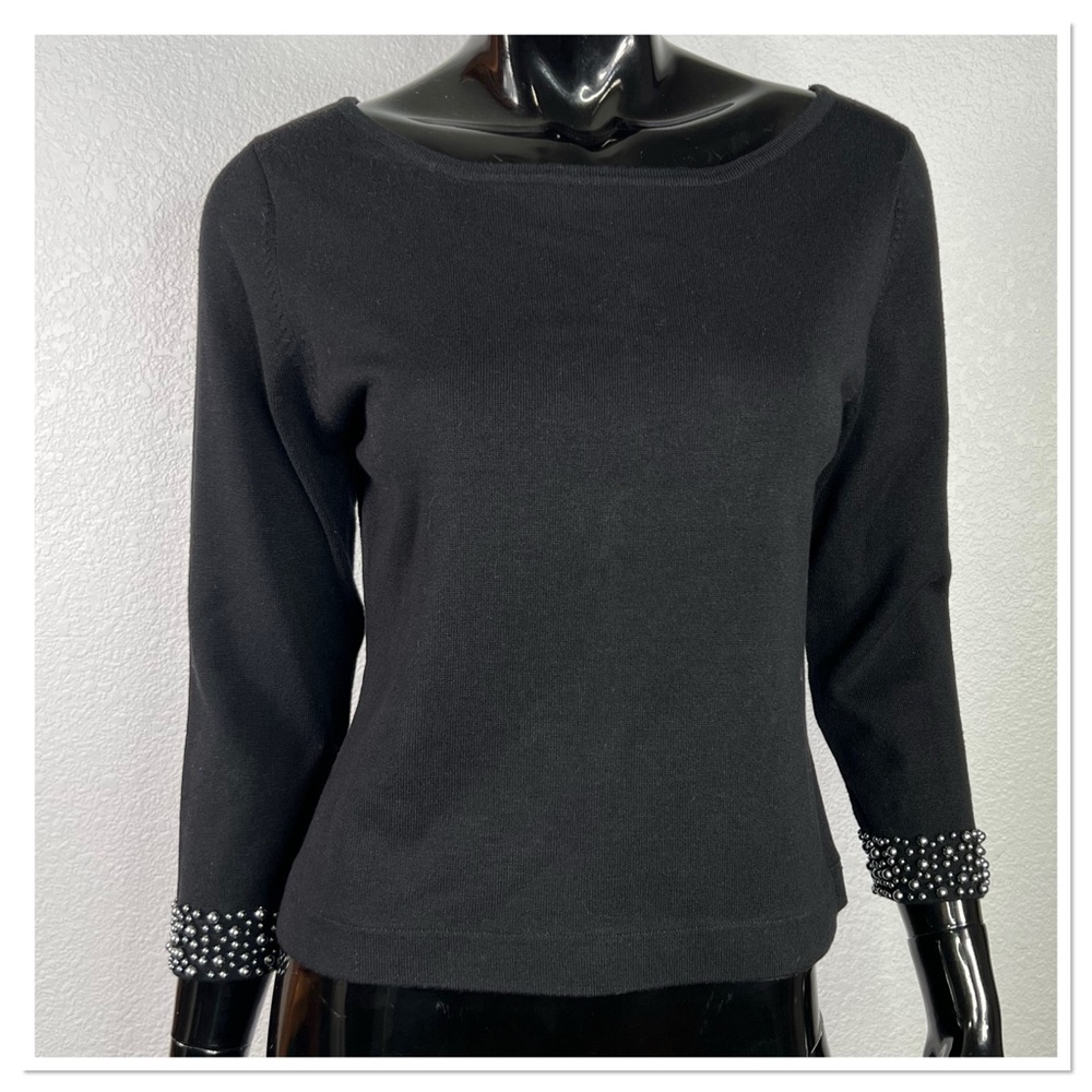 Oleg Cassini Black Boatneck Sweater with Beaded Cuffs